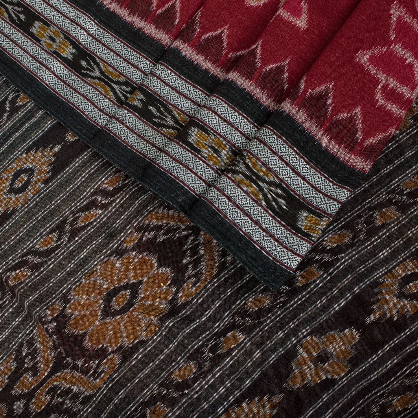 Sanskriti Vintage Red Pure Cotton Saree Peacock Ikat Hand Woven Sambhalpuri Sari