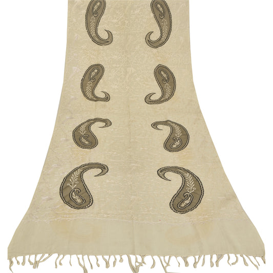 Sanskriti New Embroidered 100% Pure Wool Shawl Cream Throw Stole Paisley