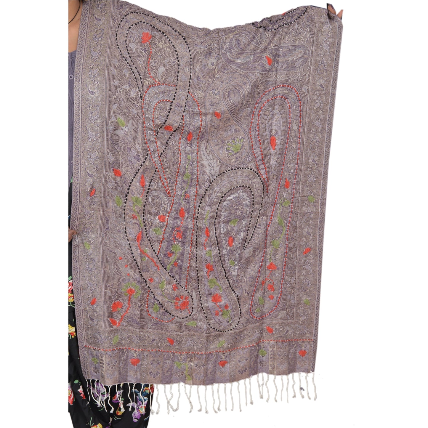Sanskriti Viscous New Hand Embroidered Silk Modal Shawl Scarf Grey Stole