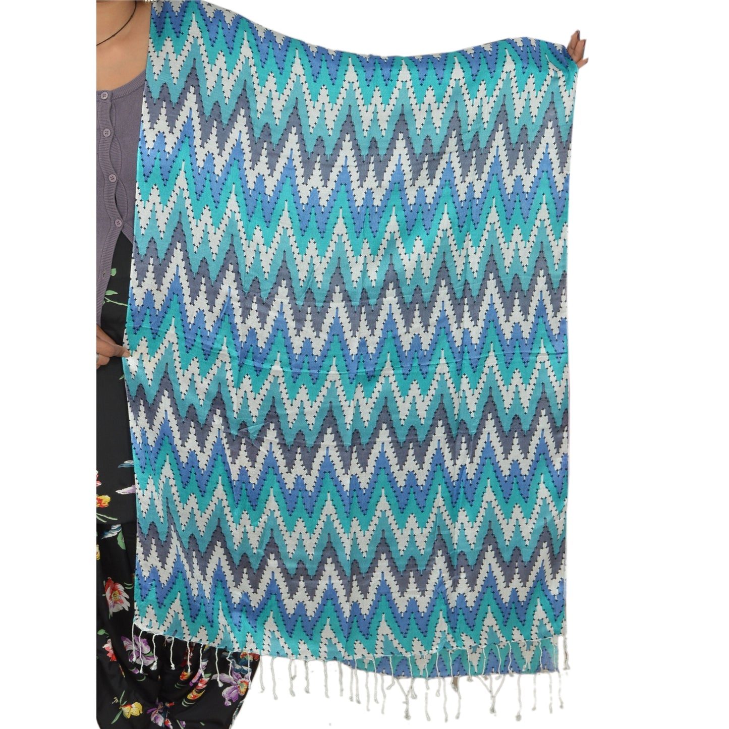 Sanskriti New Viscose Printed Indian Shawl Blue Stole Scarf Geometrical Scarves