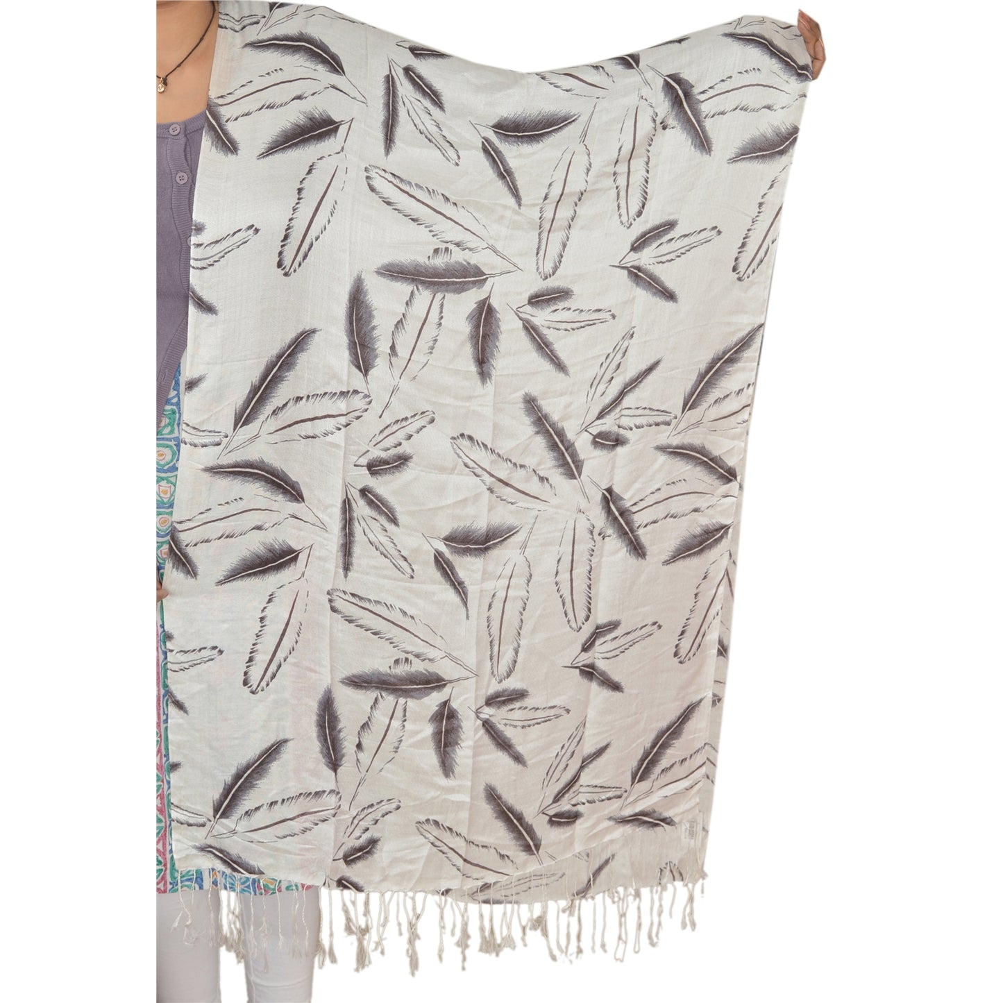 Sanskriti New Viscose Printed Shawl White Stole Scarf Feathers Wrap Scarves