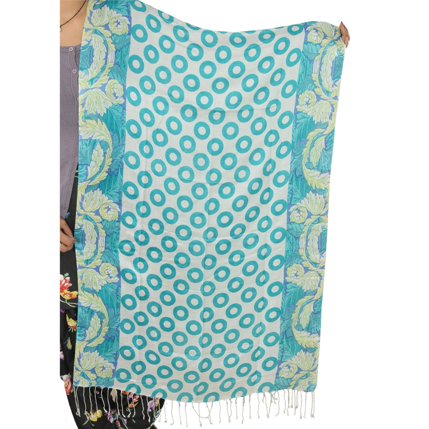Sanskriti New Viscose Printed Shawl White Stole Scarf Floral Wrap Scarves