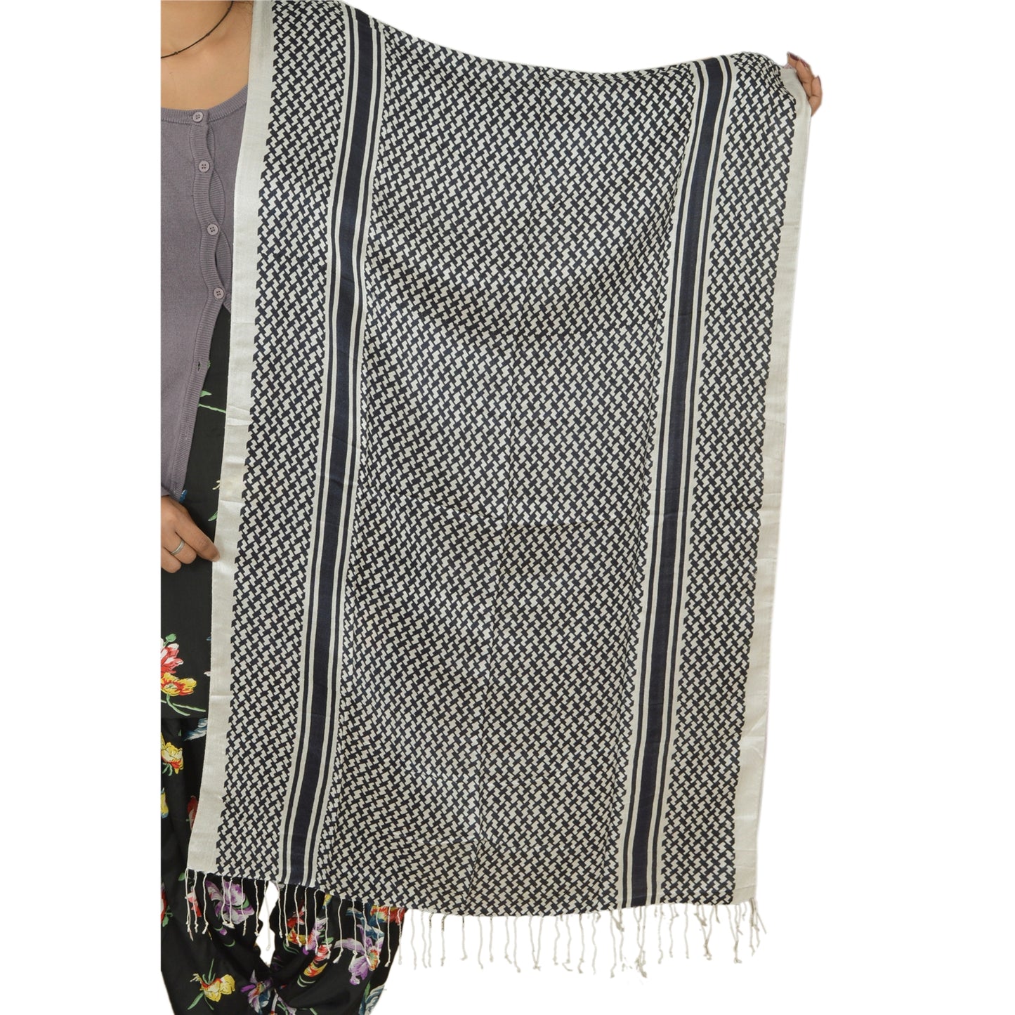 Sanskriti New Viscose Printed Shawl White Stole Scarf Geometrical Scarves