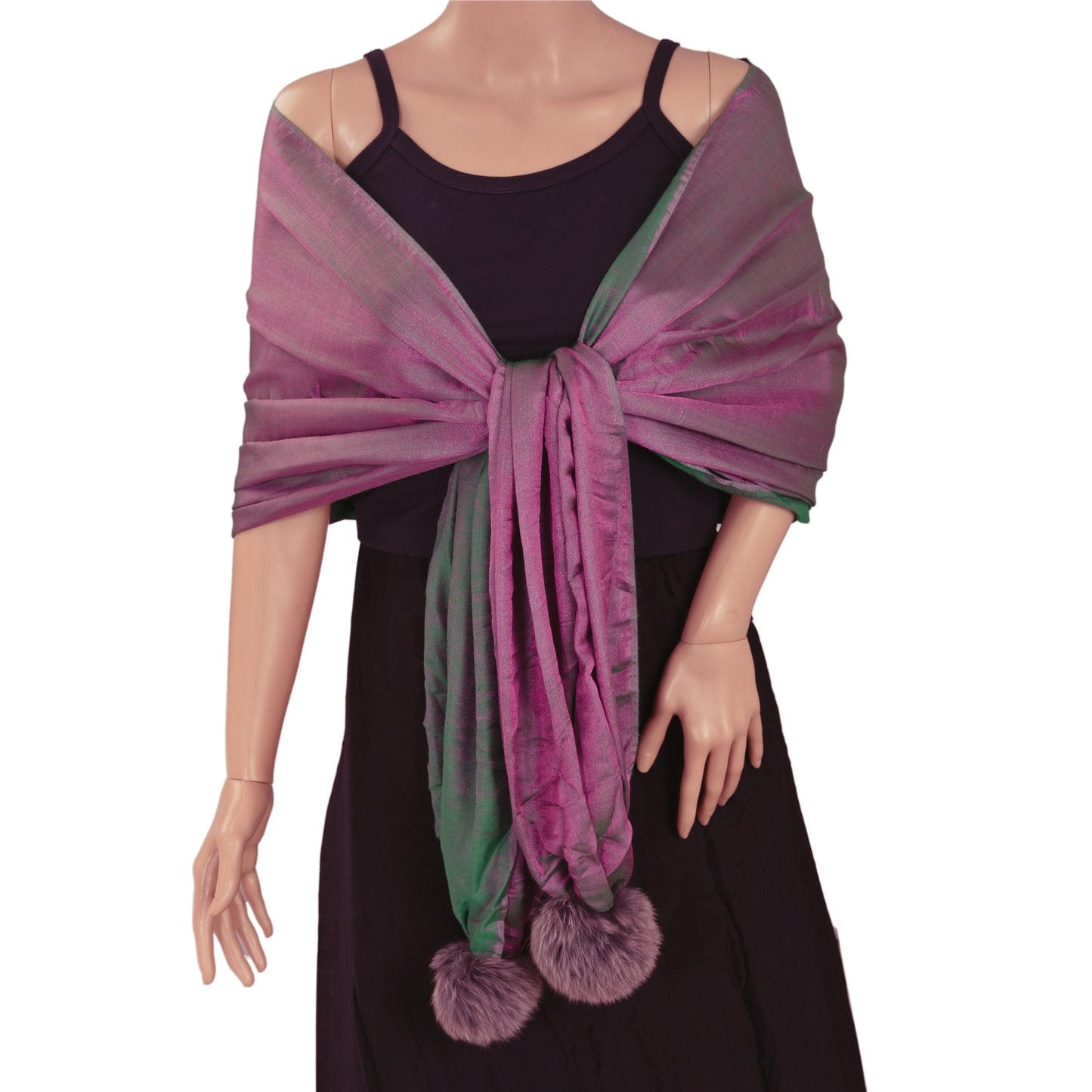 Sanskriti Pashmina Woven Silk Wool Shawl Purple Blue Stole with Fox Fur PomPoms