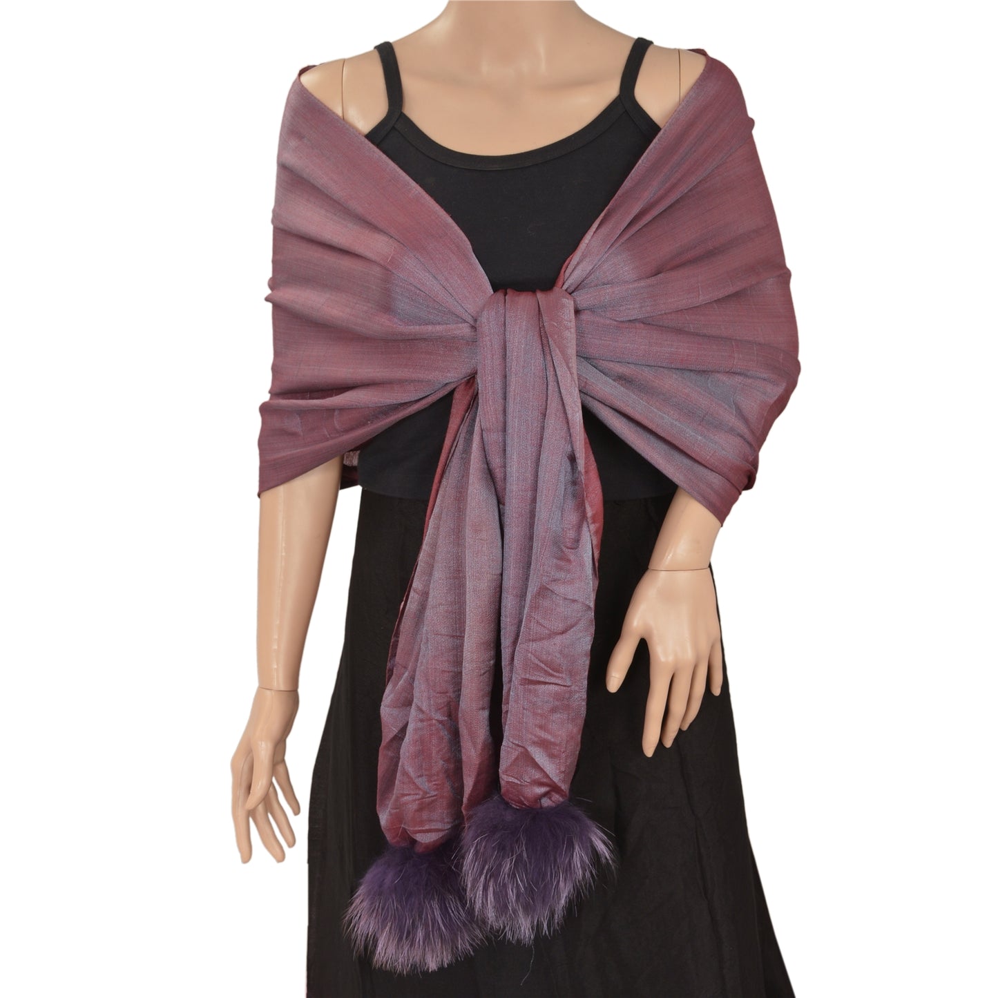 Sanskriti Pashmina Silk Wool Shawl Scarf Purple Stole with Fox Fur Pom Pom