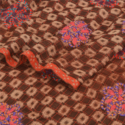 Sanskriti Vintage Pashmina Hand Embroidered Boil Wool Shawl Scarf Brown Stole