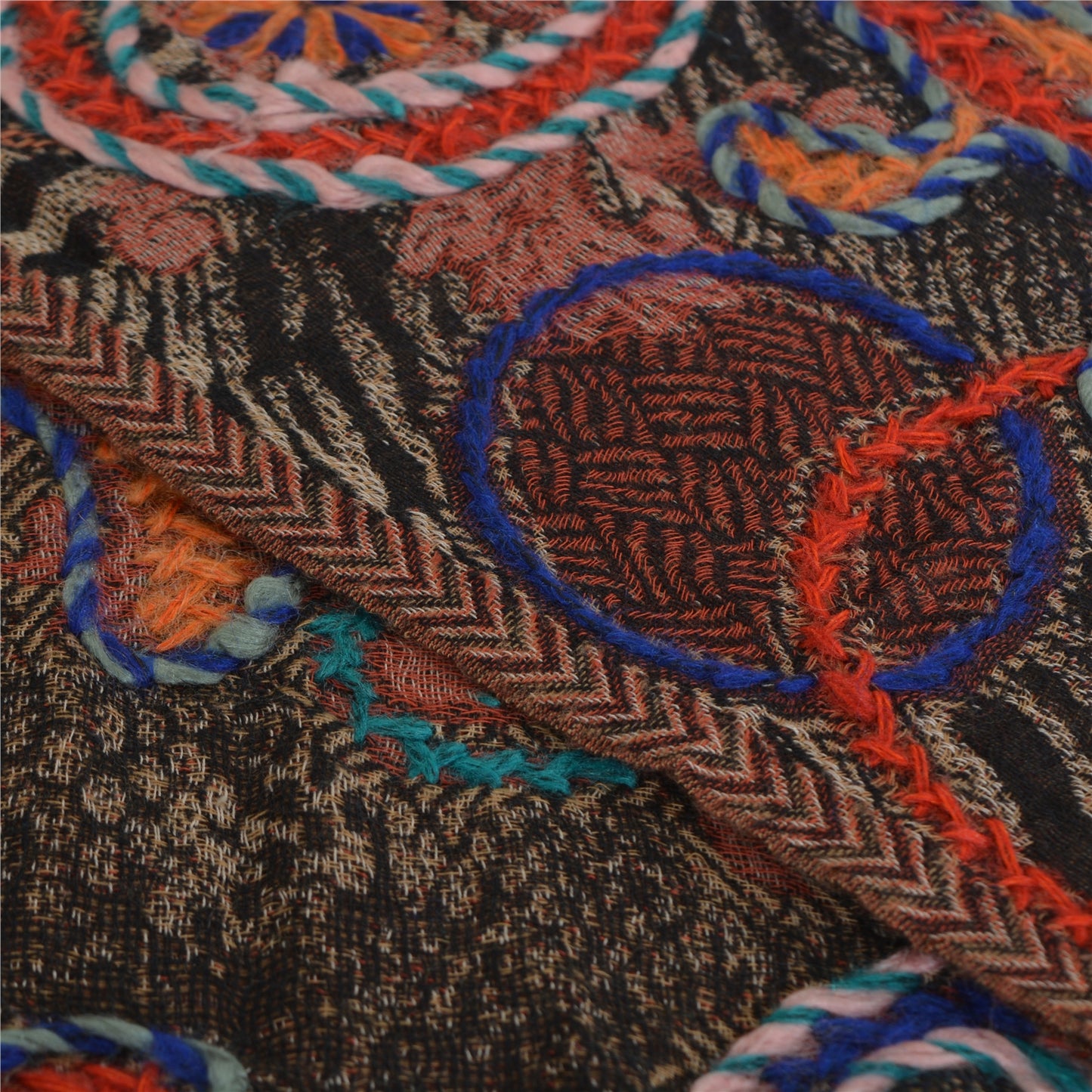 Sanskriti Long ShawlHand Embroidered Pure Boil Wool Scarf Brown Wrap Soft Stole