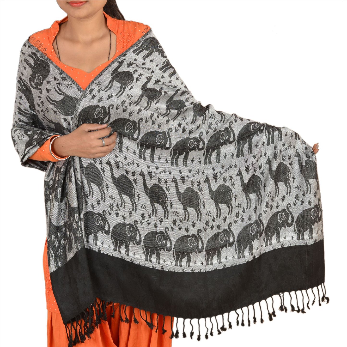 Sanskriti Long Stole Woven 100% Silk Modal Shawl Black Animal Wrap Scarf