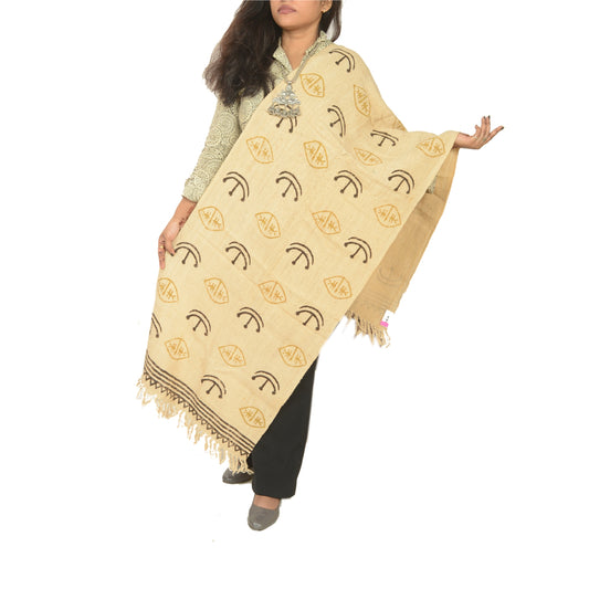 Sanskriti Vintage Ivory Long Shawl/Stole 100% Pure Handloom Cotton Hand Printed
