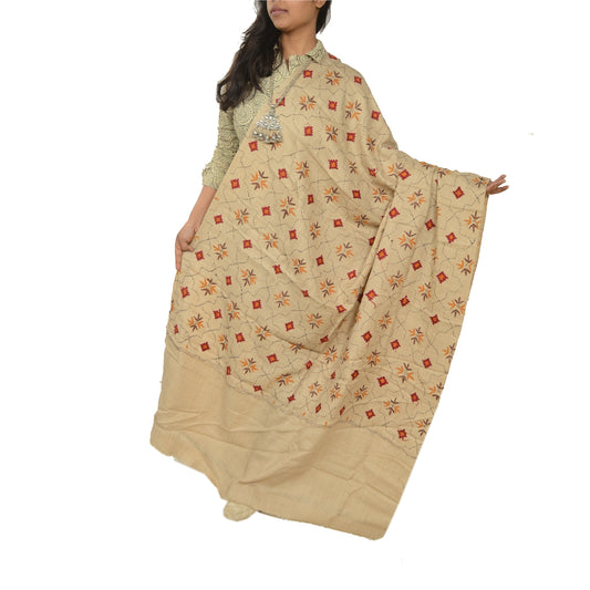 Sanskriti Vintage Ivory Pure Woollen Shawl Hand Embroidered Warm Throw Stole