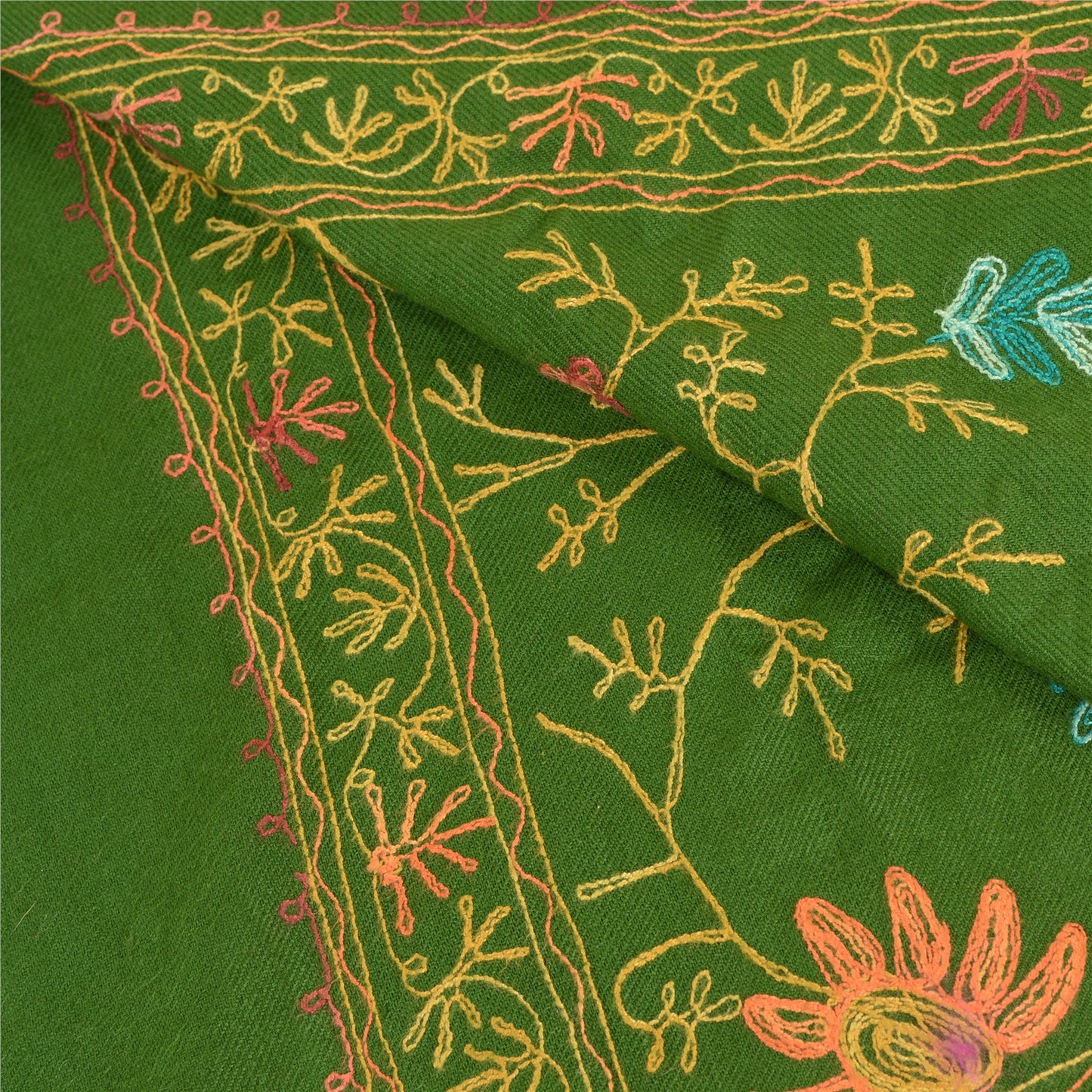 Sanskriti Vintage Green Woollen Long Stole/Shawl Hand Embroidered Ari Scarf