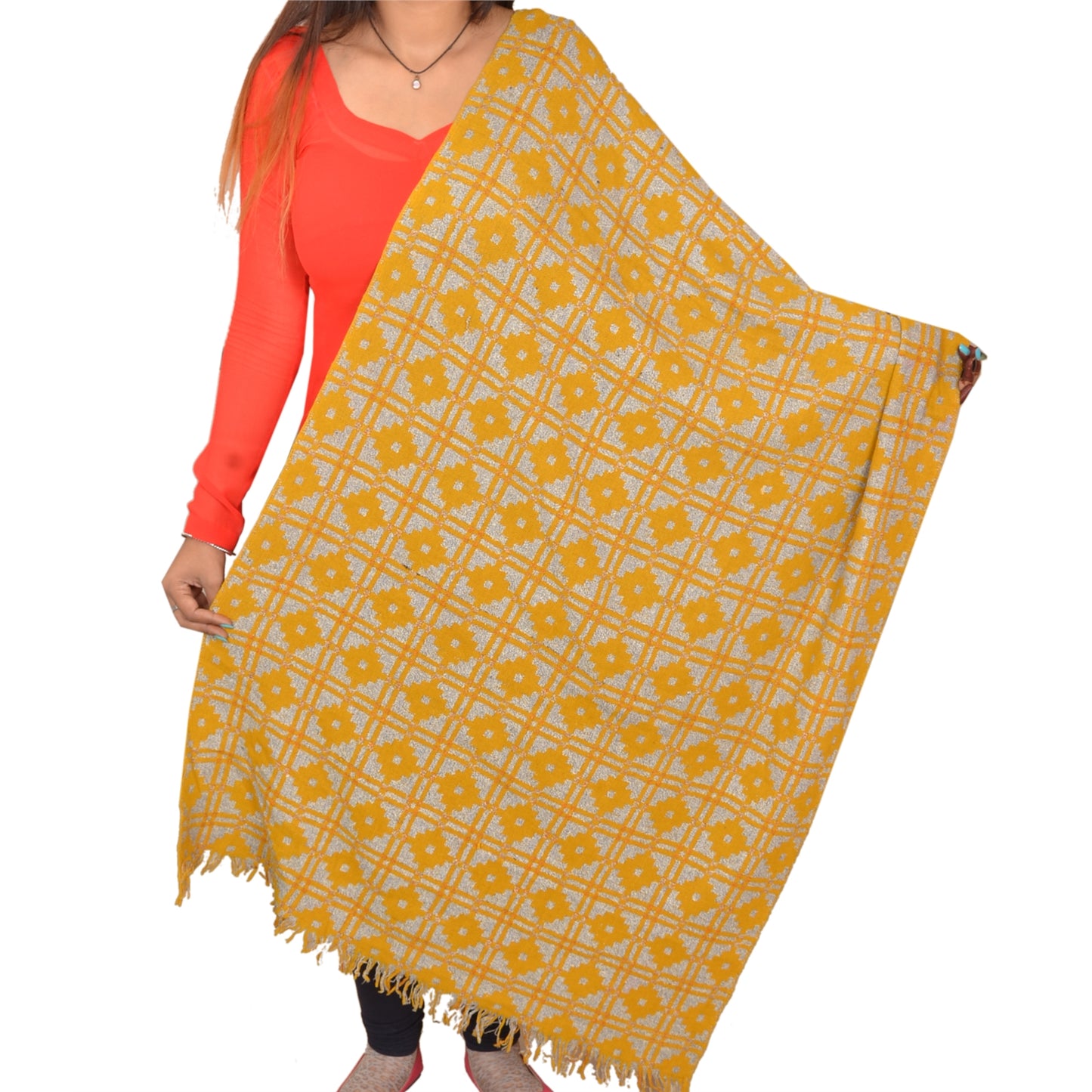 Sanskriti Vintage Indian Woven Woolen Shawl Scarf Stole Yellow Floral