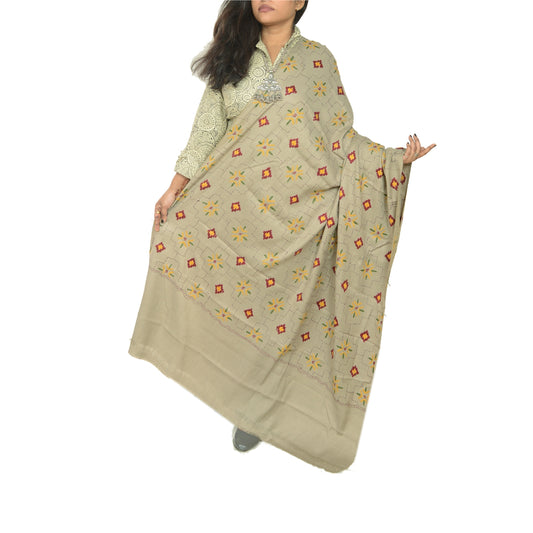 Sanskriti Vintage Grey Woollen Long Shawl Hand Embroidered Throw Stole Floral