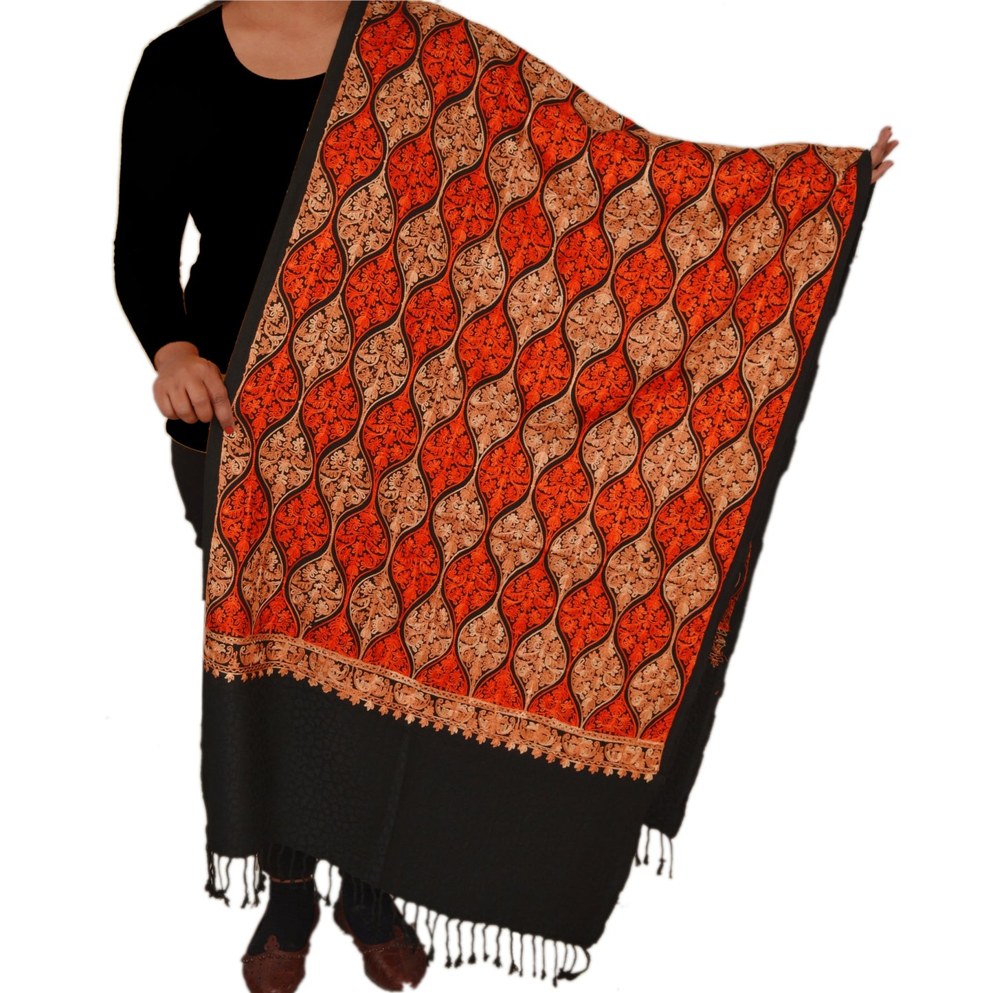Sanskriti New Indian Scarf Hand Embroidered Aari Work Polywool Shawl Black Stole