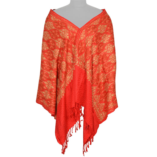 Sanskriti New Indian Scarf Hand Embroidered Aari Work Pure Wool Shawl Red Stole
