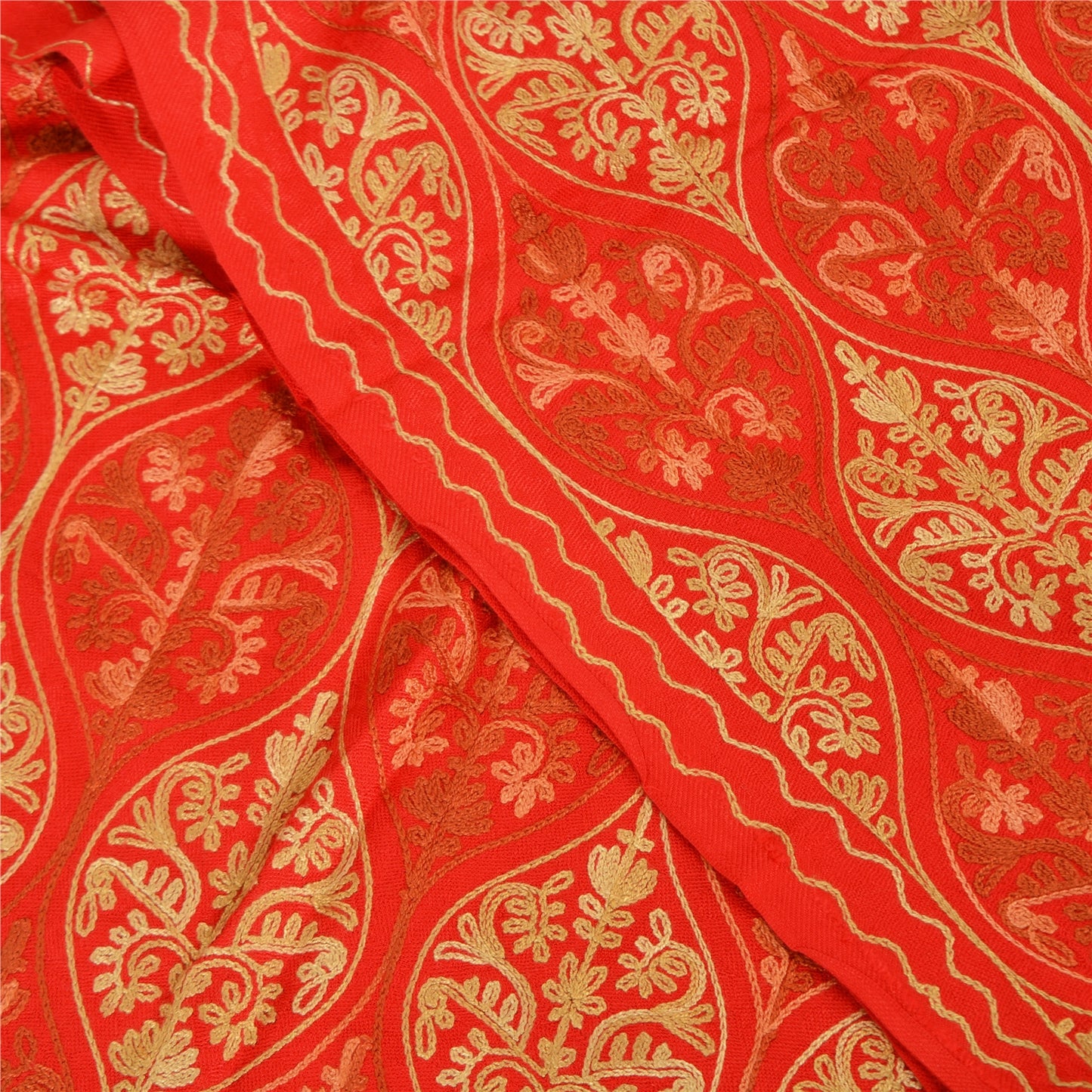 Sanskriti New Indian Scarf Hand Embroidered Aari Work Pure Wool Shawl Red Stole