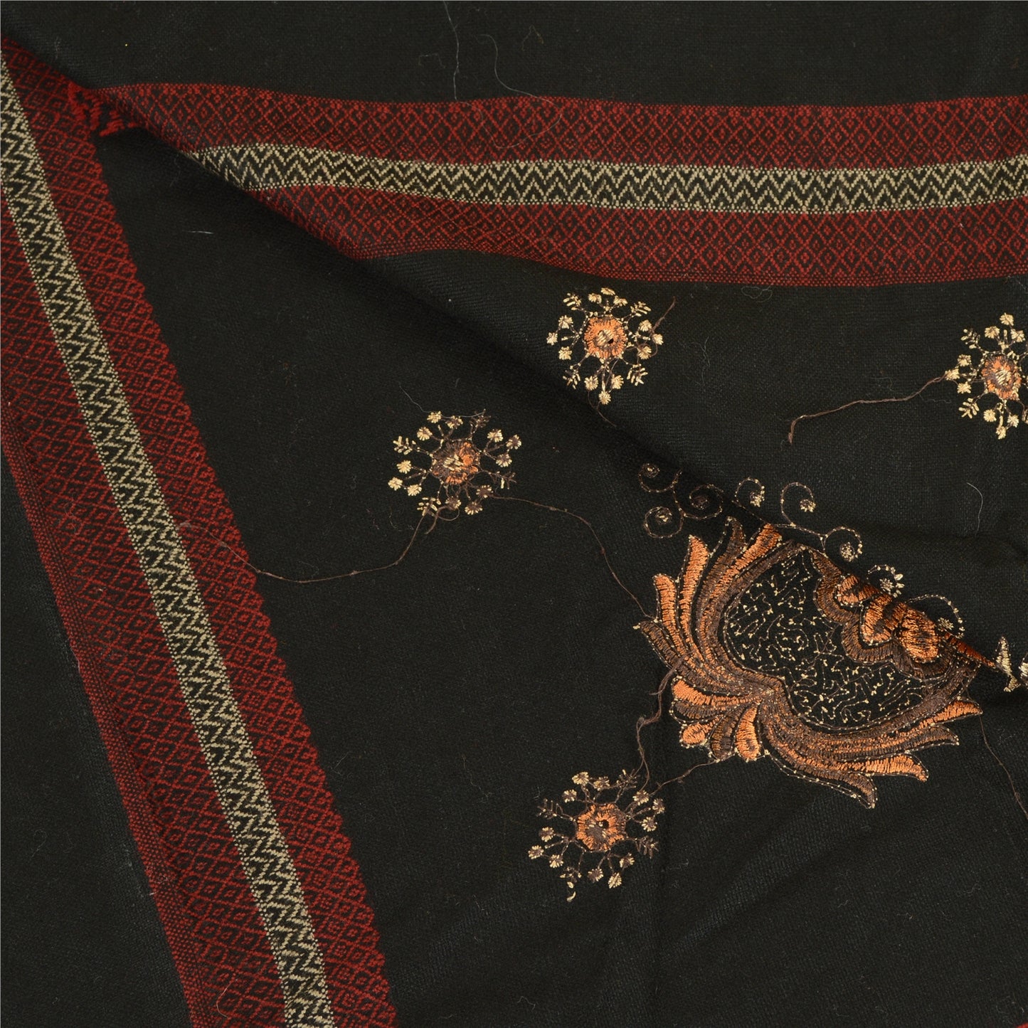 Sanskriti Vintage Black Long Stole Woollen Shawl Woven Work Embroidered Scarf