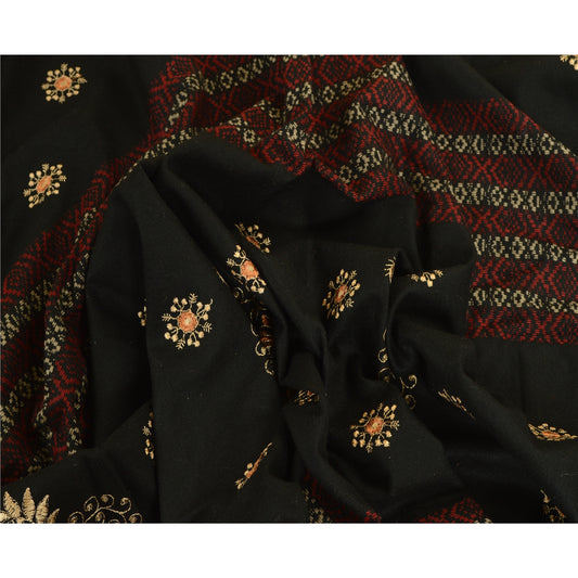 Sanskriti Vintage Black Long Stole Woollen Shawl Woven Work Embroidered Scarf