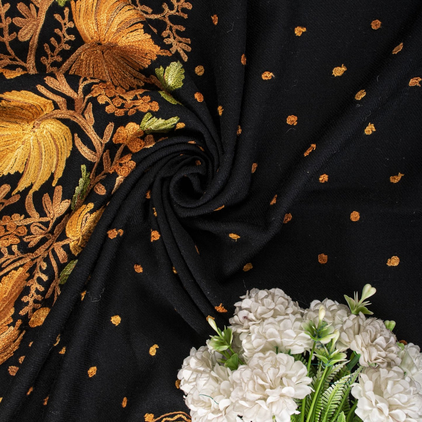 Sanskriti Vintage Black Pure Wool Shawl Kashmiri Aari Embroidered Floral Stole