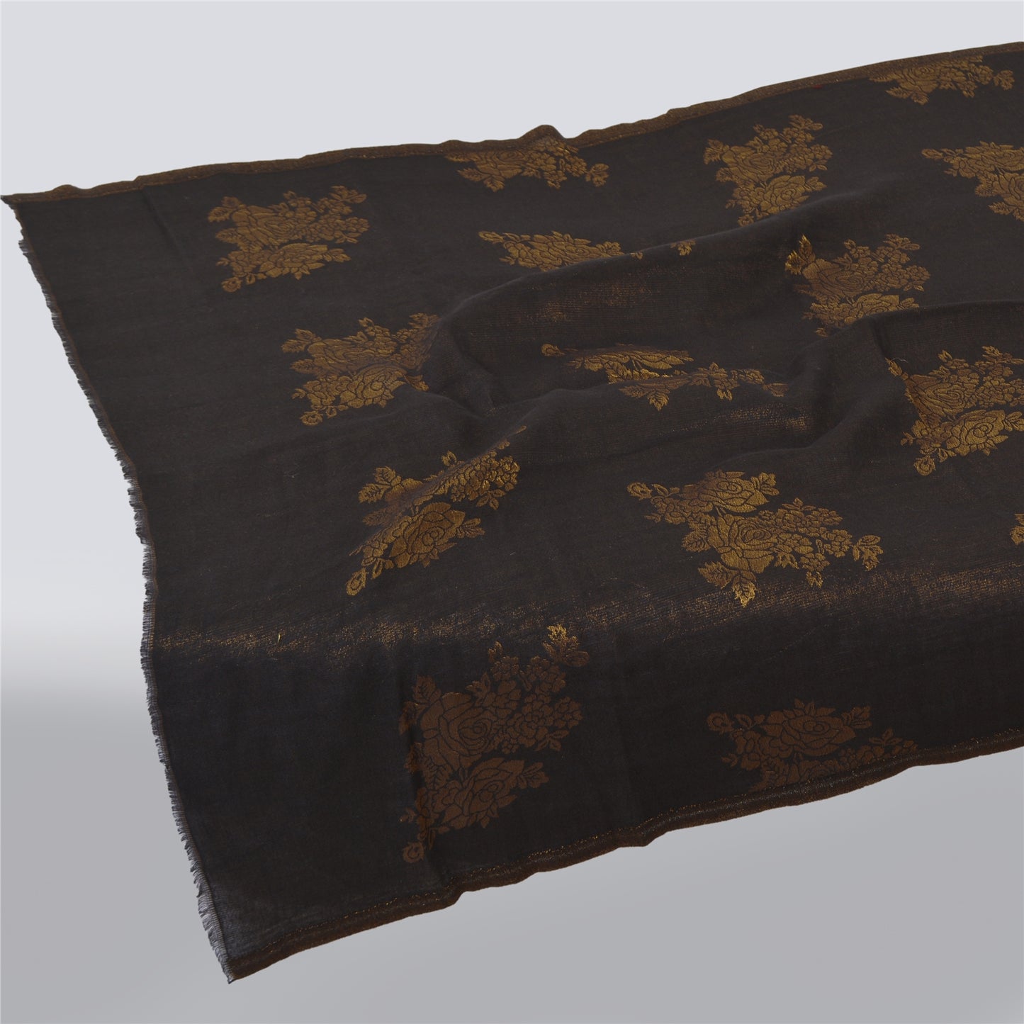 Sanskriti New Black Fine Wool Moonlight (Zari) Shawl Woven Work Long Stole Scarf