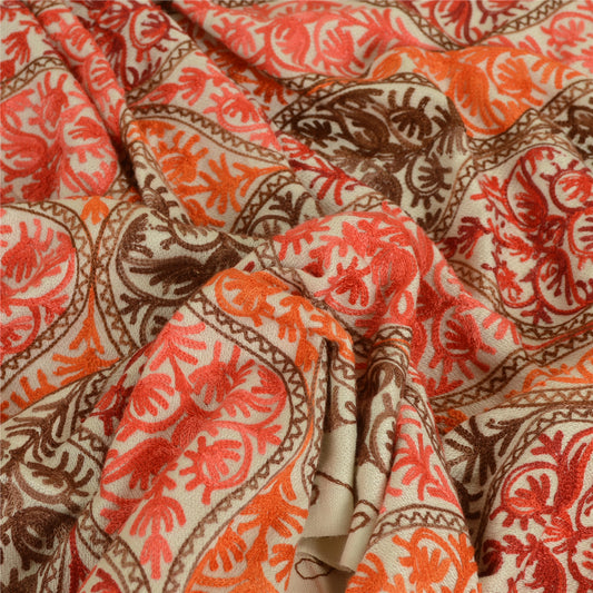 Sanskriti Vintage Ivory Pure Wool Shawl Handmade Ari Long Throw Floral Stole