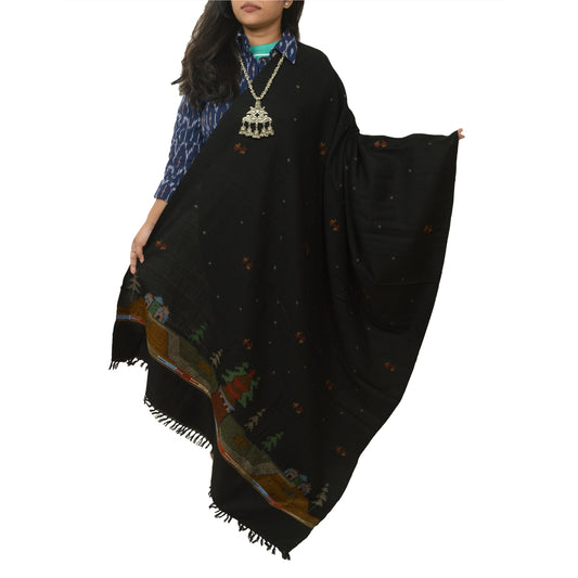 Sanskriti Vintage Black Pure Woollen Shawl Handmade Kantha Long Throw Stole