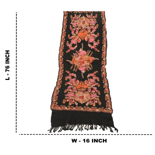 Sanskriti Vintage Black Long Shawl Handmade Ari Work Pure Woolen Throw Stole
