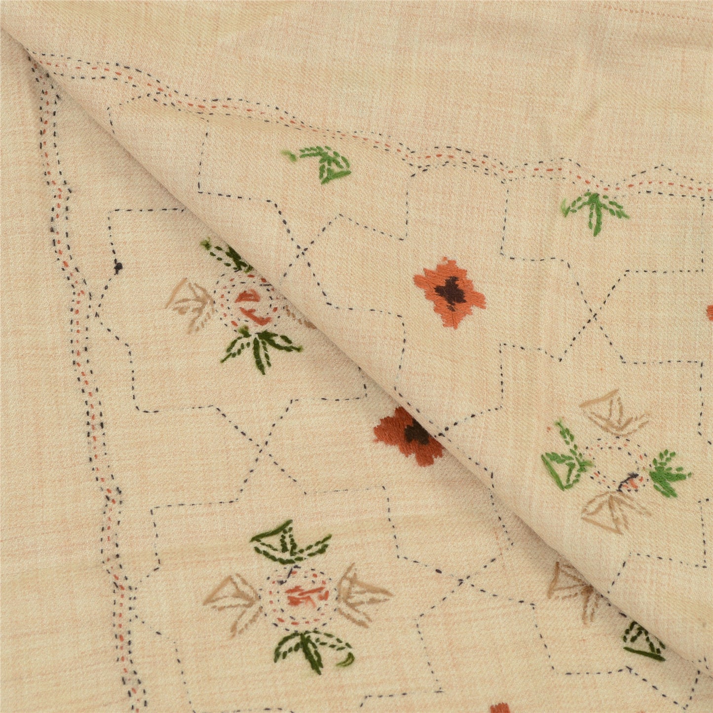 Sanskriti Vintage Pure Woollen Ivory Shawl Handmade Kantha Long Throw Stole