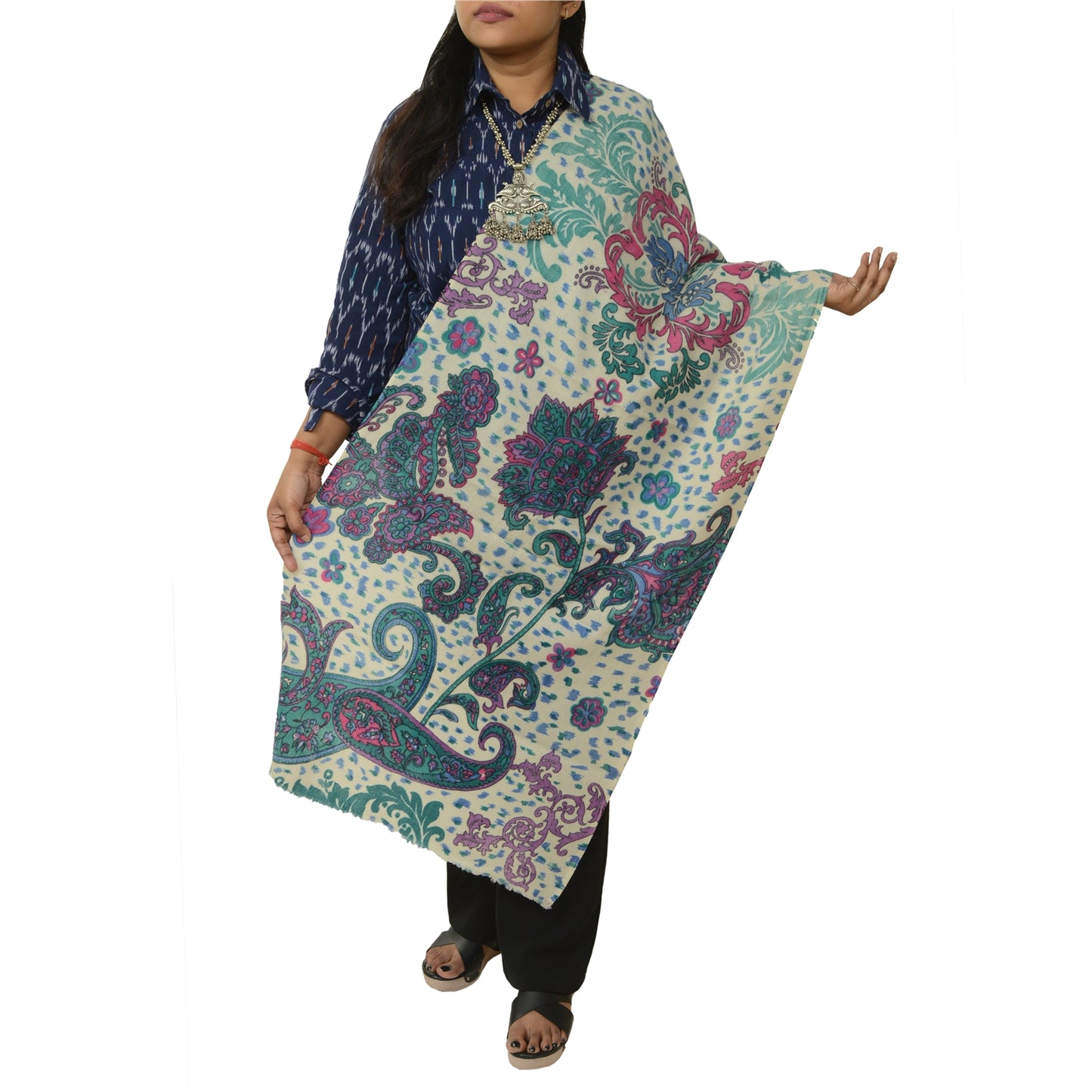 Sanskriti Vintage White Long Shawl Pure Woollen Woven Throw Floral Scarf Stole