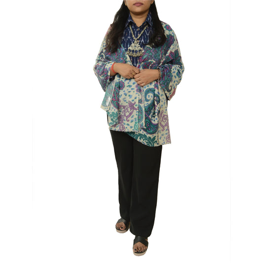 Sanskriti Vintage White Long Shawl Pure Woollen Woven Throw Floral Scarf Stole