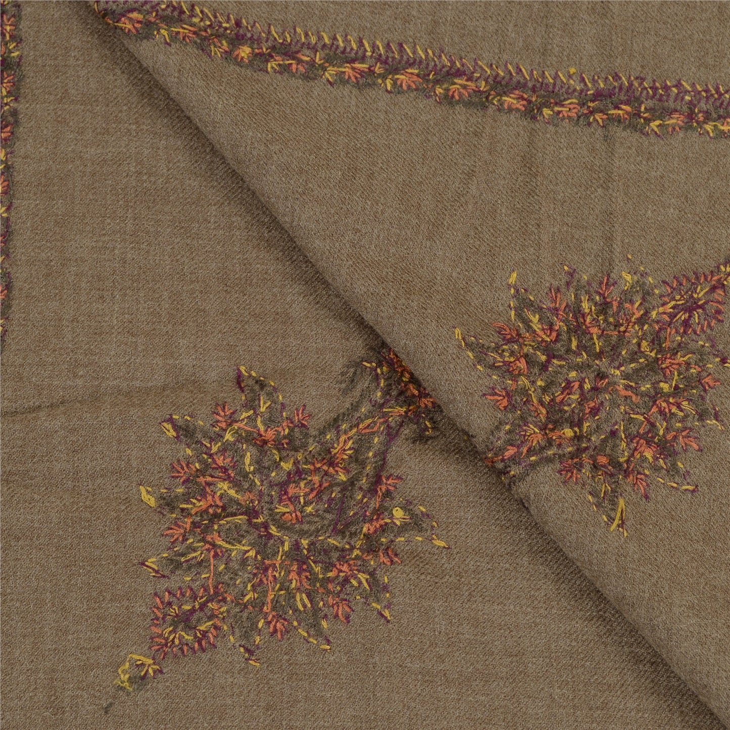 Sanskriti Vintage Brown Long Shawl Handmade Suzani Work Pure Woollen Scarf Stole
