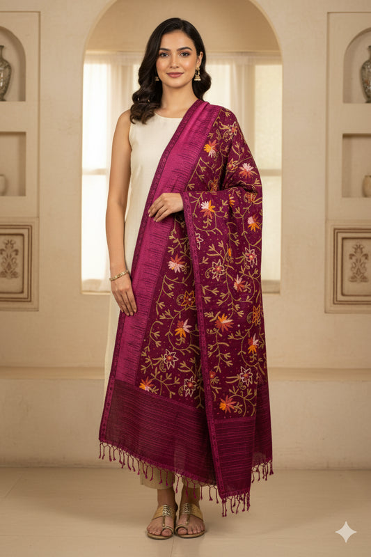 Sanskriti Vintage Purple Long Shawl Handmade Ari Work Viscose Scarf Throw Stole