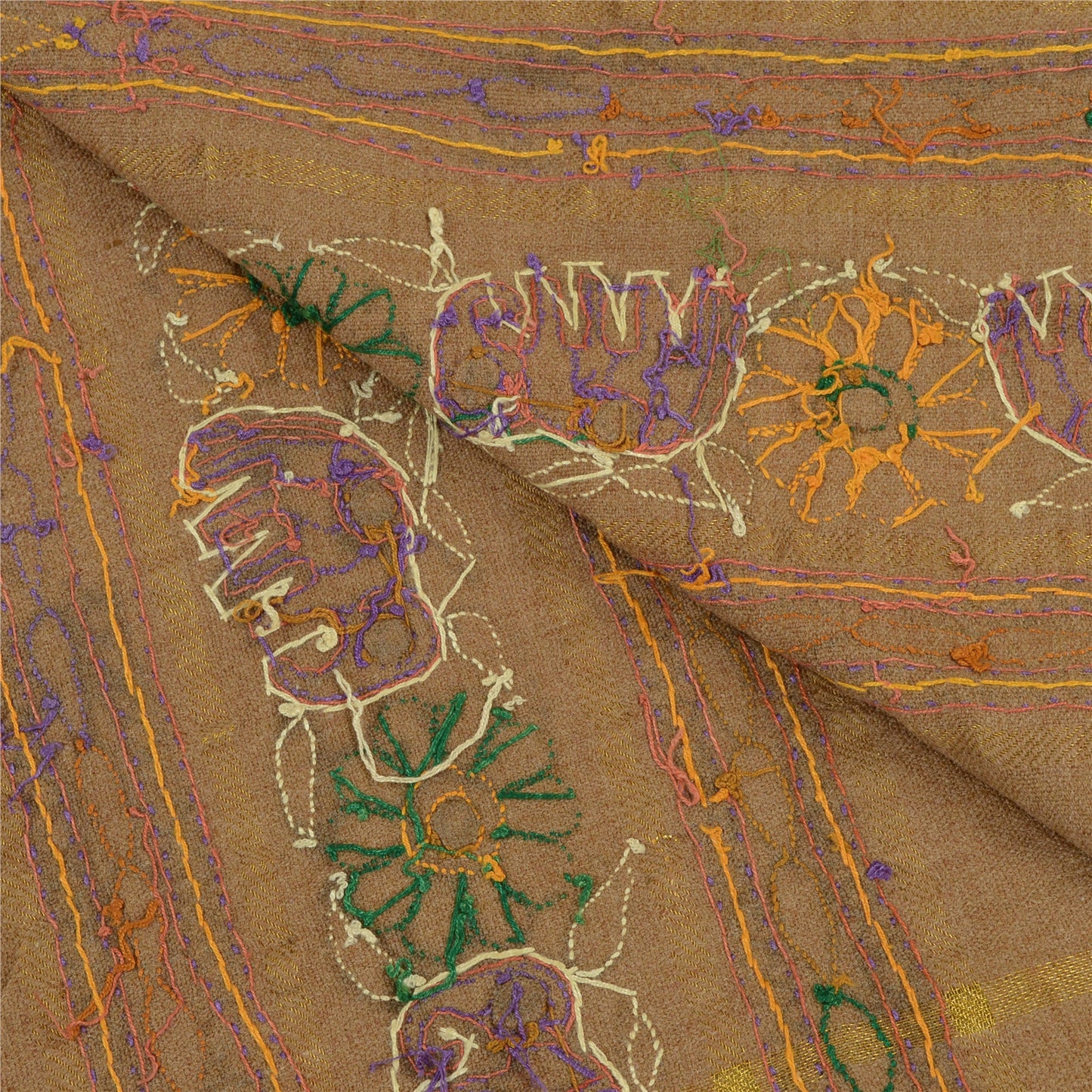 Sanskriti Vintage Long Shawl Brown Woollen Hand Embroidered Scarf Stole