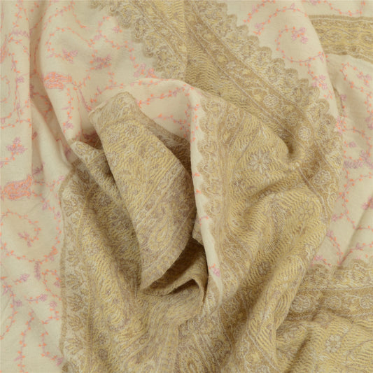 Sanskriti Vintage Long Shawl Ivory Handmade Suzani Pure Woolen Scarf Stole