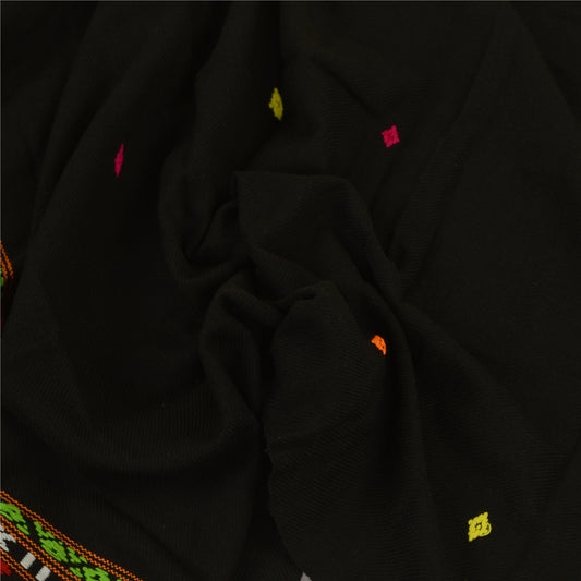 Sanskriti Vintage Black Woolen Hand Embroidered Kullu Shawl Long Throw Stole upholstery fabric