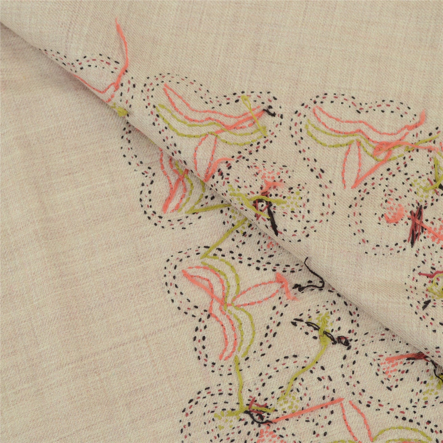 Sanskriti Vintage Ivory Pure Woollen Shawl Handmade Kantha Long Throw Stole