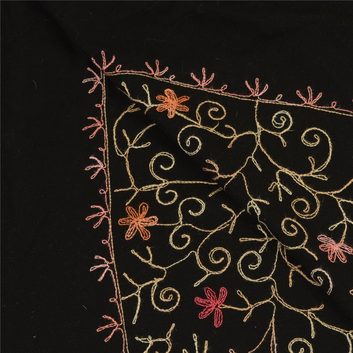 Sanskriti Vintage Long Pure Woollen Black Shawl Handmade Zari Work Scarf Stole