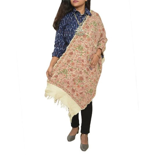 Sanskriti Vintage Long Ivory Pure Woolen Shawl Handmade Ari Work Scarf Stole