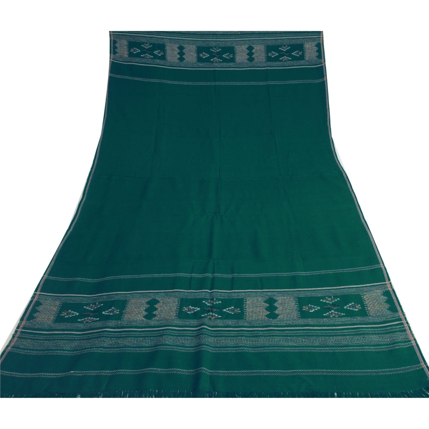 Sanskriti Vintage Long Green Pure Woolen Shawl Hand-Woven Scarf Throw Stole