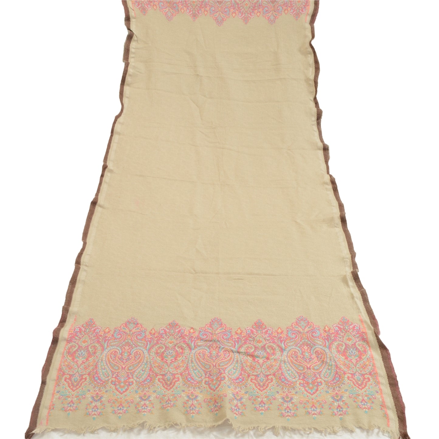 Sanskriti Vintage Ivory Long Pure Woolen Shawl Woven Scarf Throw Winter Stole