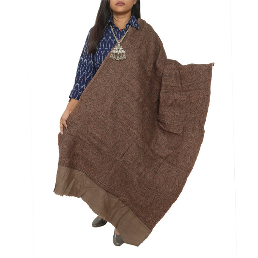 Sanskriti Vintage Brown Long Shawl Pure Woollen Woven Scarf Throw Floral Stole