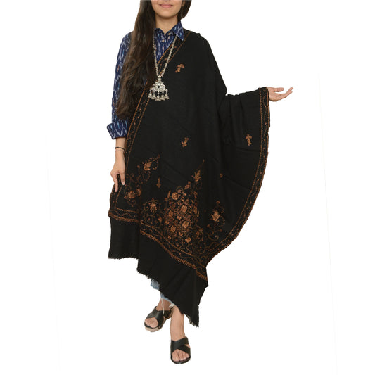 Sanskriti Vintage Black Long Pure Woollen Shawl Handmade Suzani Scarf Stole