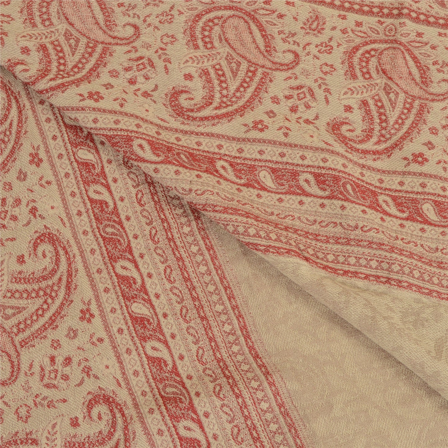 Sanskriti Vintage Long Beige Pure Woollen Woven Shawl Scarf Throw Floral Stole