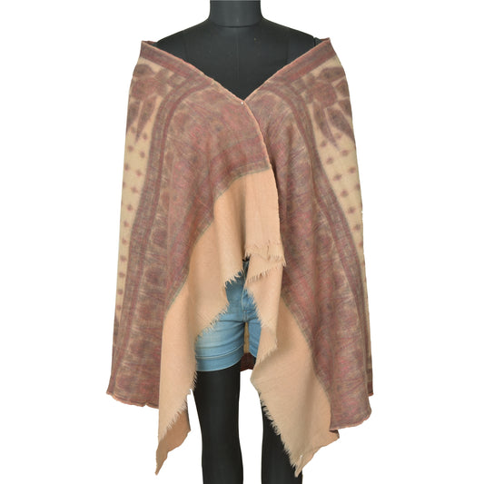 Sanskriti Vintage Long Ivory Pure Woollen Woven Shawl Scarf Throw Floral Stole
