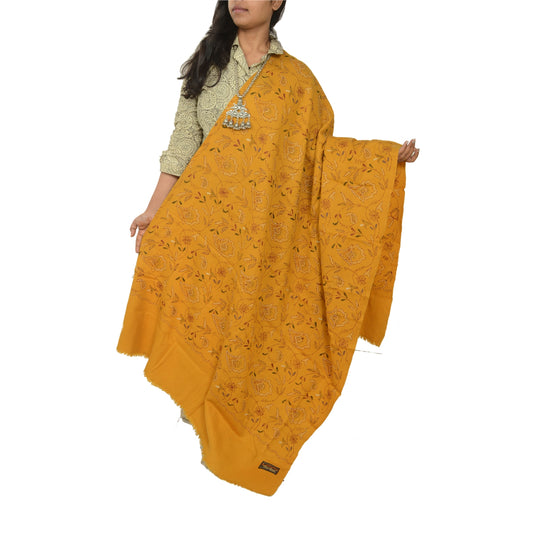 Sanskriti Vintage Saffron Pure Woollen Shawl Handmade Kantha Long Throw Stole