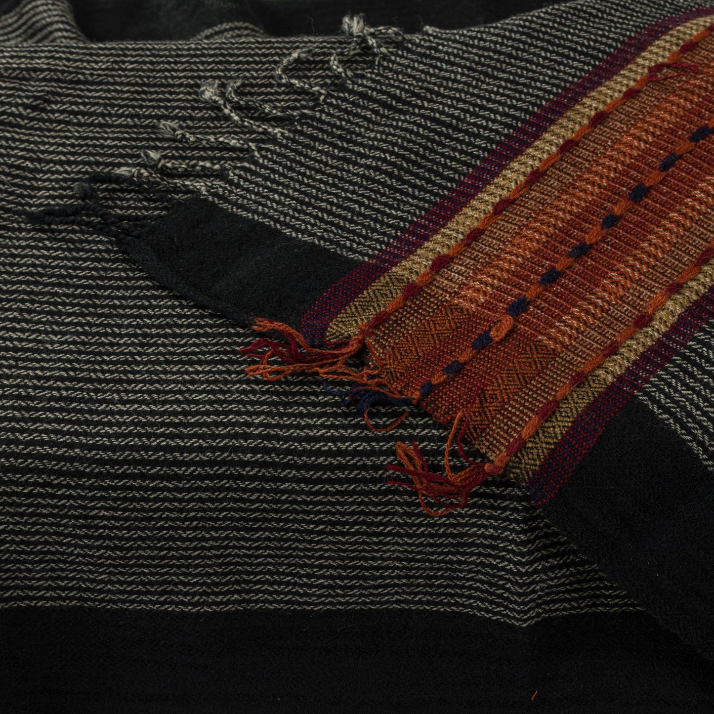 Sanskriti Vintage Black Pure Wool Shawl Woven Thread Border Stole Soft Warm Wrap
