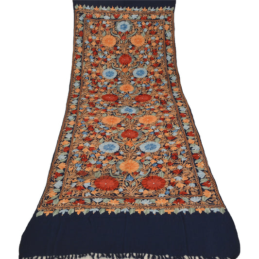 Sanskriti Vintage Long Stole Blue Pure Woolen Shawl Hand Embroidery Ari Scarf
