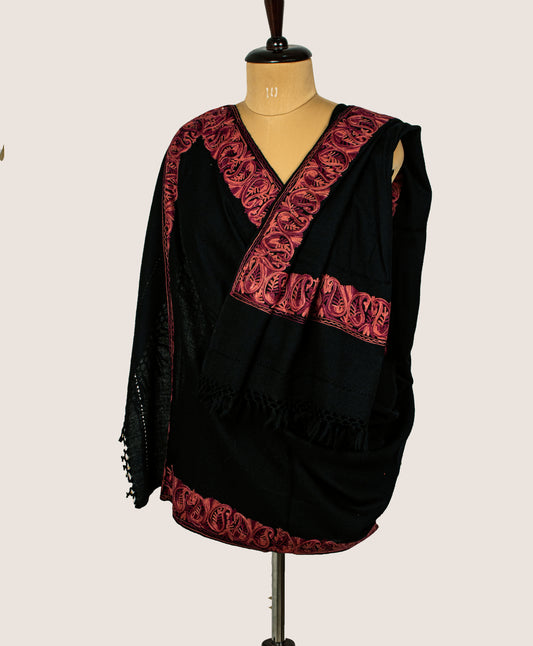 Sanskriti Vintage Long Black Pure Woolen Embroidery Aari Shawl Scarf Throw Stole