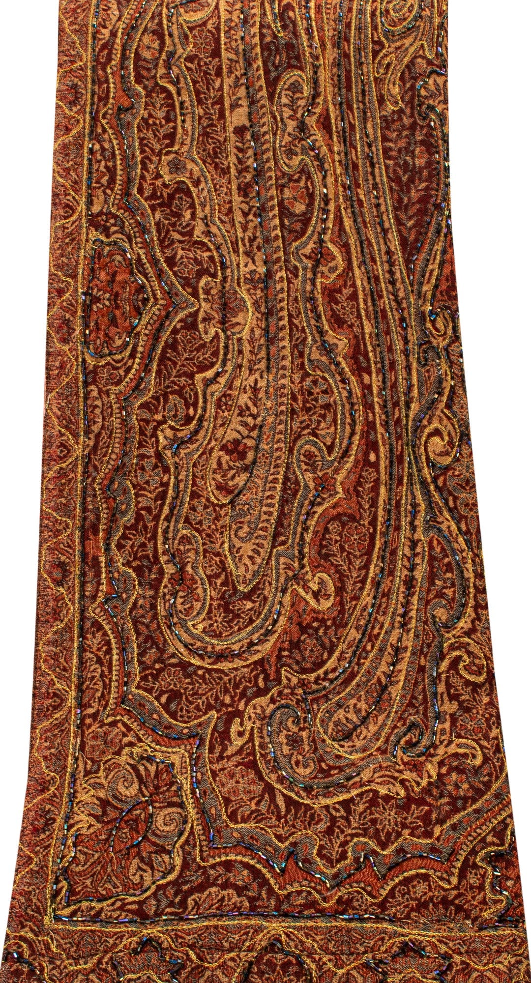 Sanskriti Vintage Brown Pure Wool Shawl Kashmiri Woven Hand Beaded Stole Scarf