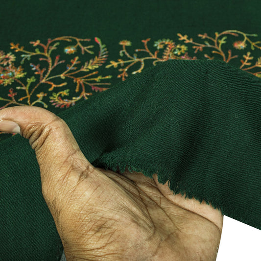 Sanskriti Vintage Green Soft Pure Wool Shawl Aari Hand Embroidered Kashmiri Wrap